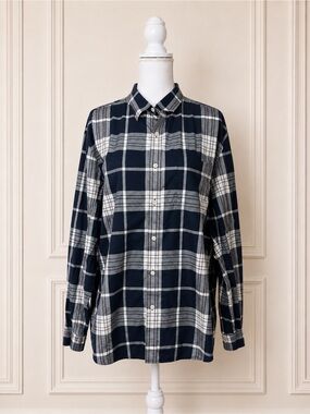Navy Plaid Organic Cotton Untucked Button Down Shirt Men’s XL Banana Republic